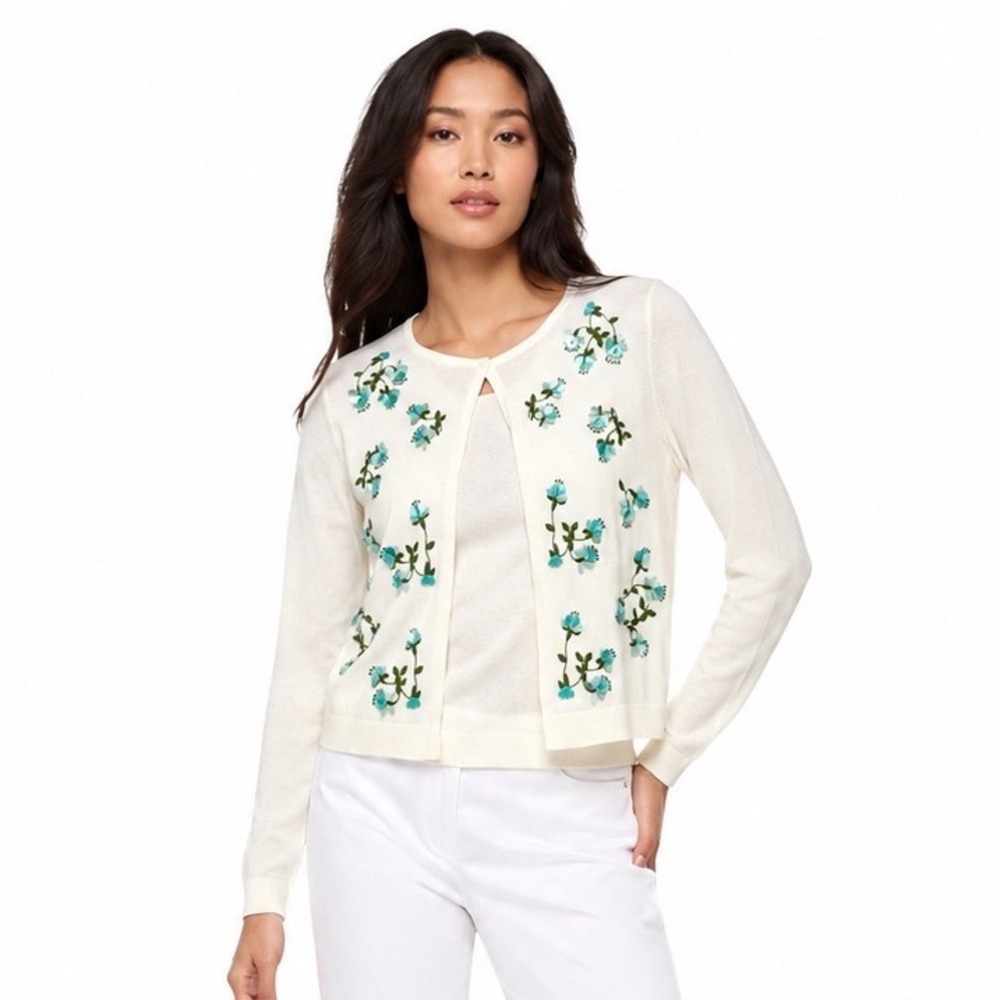 NEW Talbots Cropped Cardigan Sweater Garden Ivory Floral Sequin Preppy Womens S